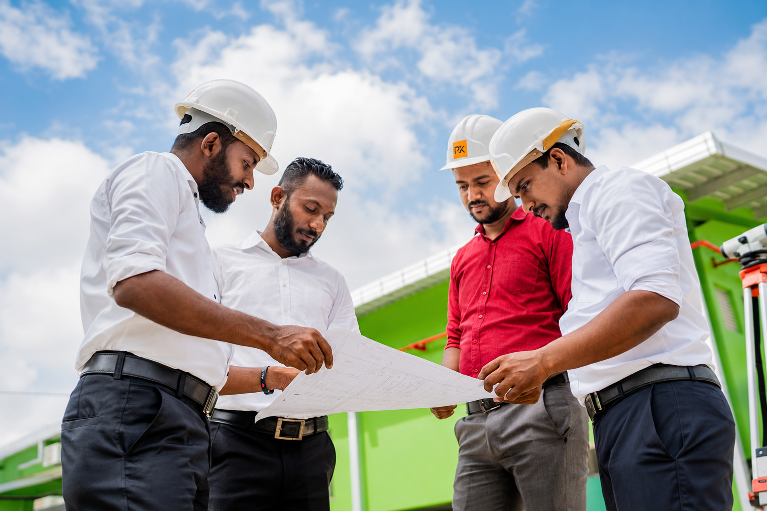 RK Constructions team reviewing construction plans
